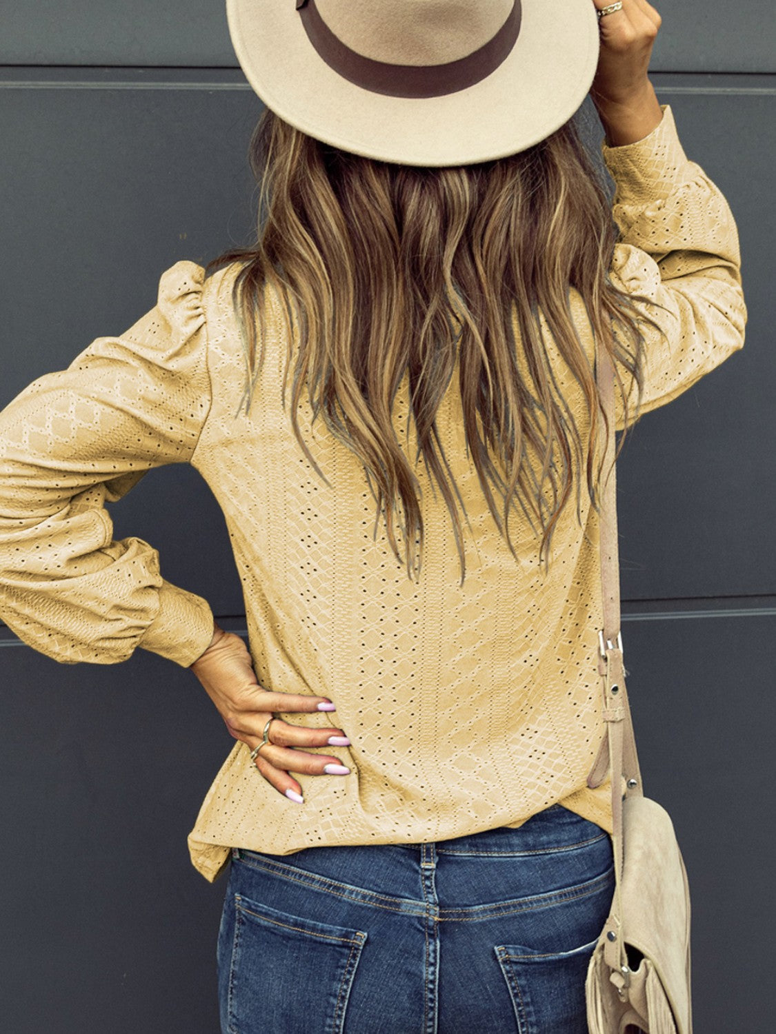 Eyelet V-Neck Long Sleeve Blouse Trendsi