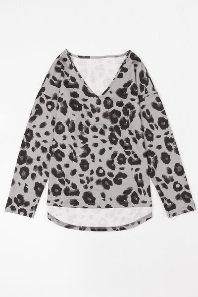 Leopard V-Neck Dropped Shoulder Blouse Trendsi