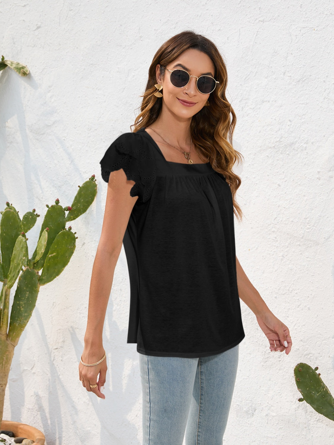 Ruffled Square Neck Cap Sleeve Blouse Trendsi