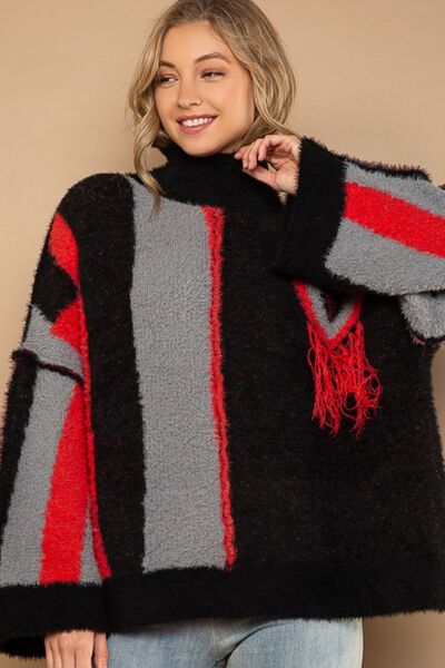 POL Turtleneck Color Block Fringe Detail Sweater Trendsi