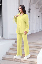 Drawstring Flounce Sleeve Shirt and Pants Set Trendsi