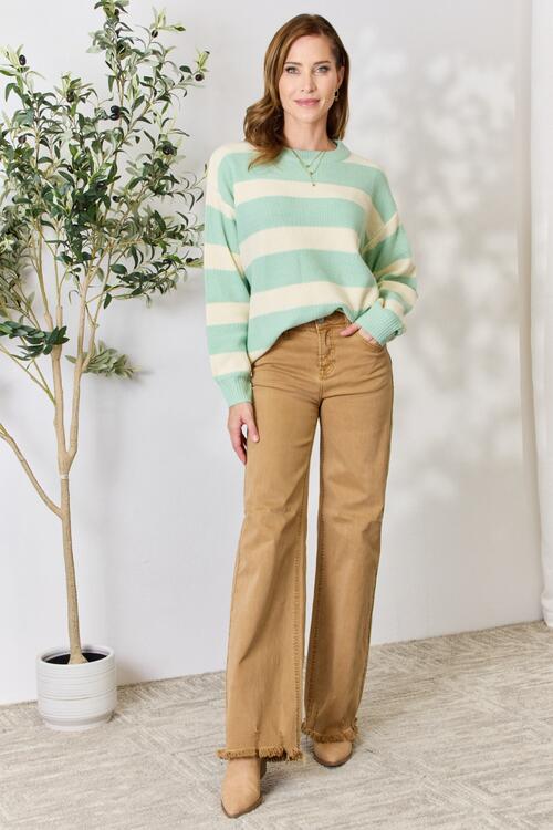 Sew In Love Full Size Contrast Striped Round Neck Sweater Trendsi