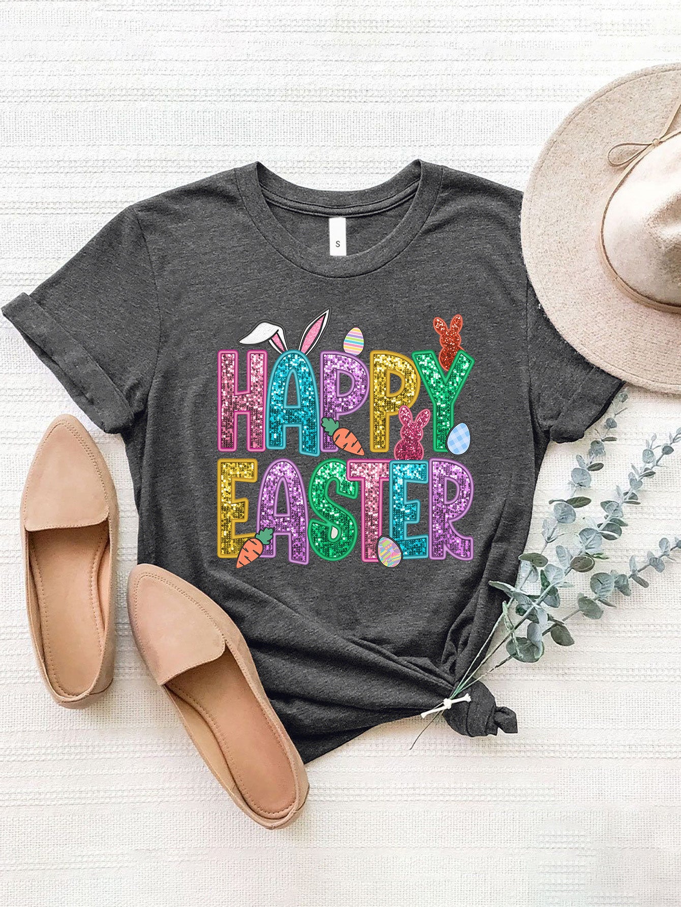 HAPPY EASTER Round Neck Short Sleeve T-Shirt Trendsi