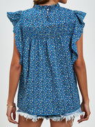 Ruffled Ditsy Floral Mock Neck Cap Sleeve Blouse Trendsi