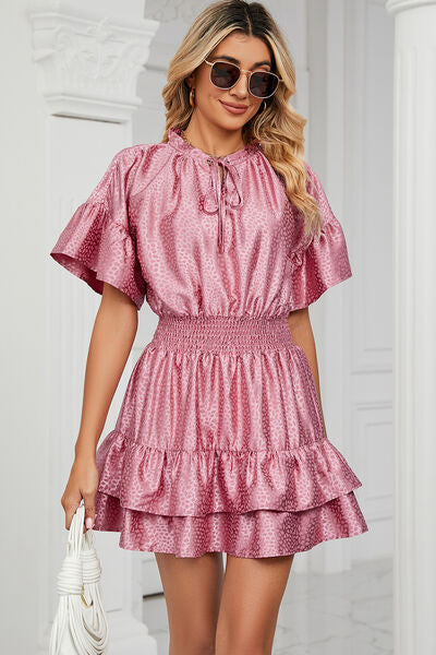 Smocked Tie Neck Flounce Sleeve Dress Trendsi