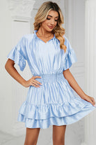 Smocked Tie Neck Flounce Sleeve Dress Trendsi