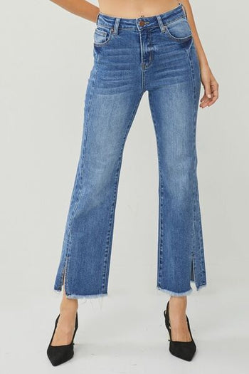 RISEN High Waist Raw Hem Slit Straight Jeans Trendsi