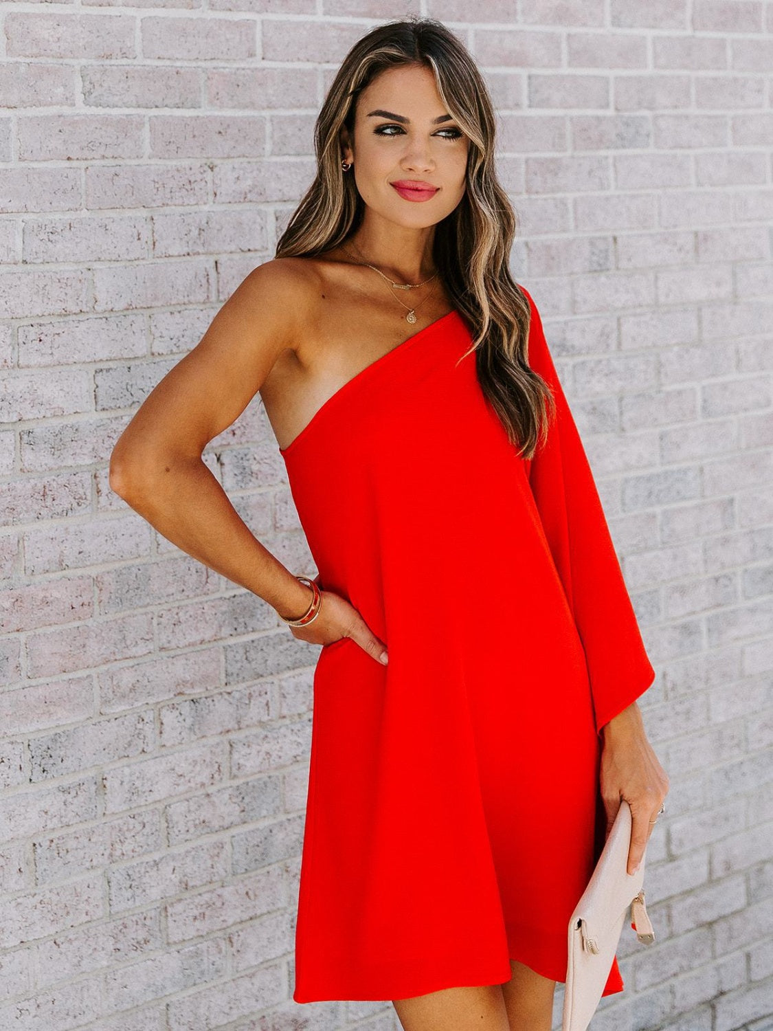 Single Shoulder Kimono Sleeve Mini Dress Trendsi