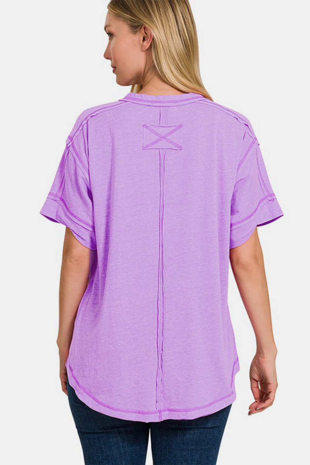 Zenana Exposed Seam Half Button Short Sleeve Top Trendsi