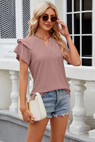 Eyelet Notched Short Sleeve T-Shirt Trendsi