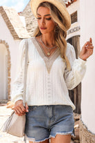 Eyelet V-Neck Long Sleeve Blouse Trendsi