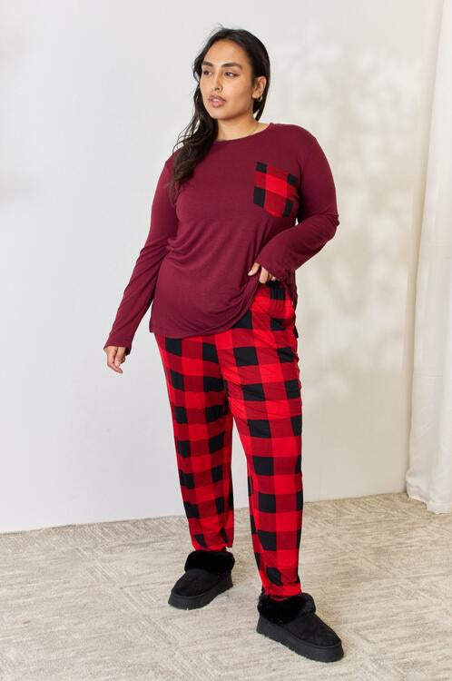 Zenana Full Size Plaid Round Neck Top and Pants Pajama Set Trendsi