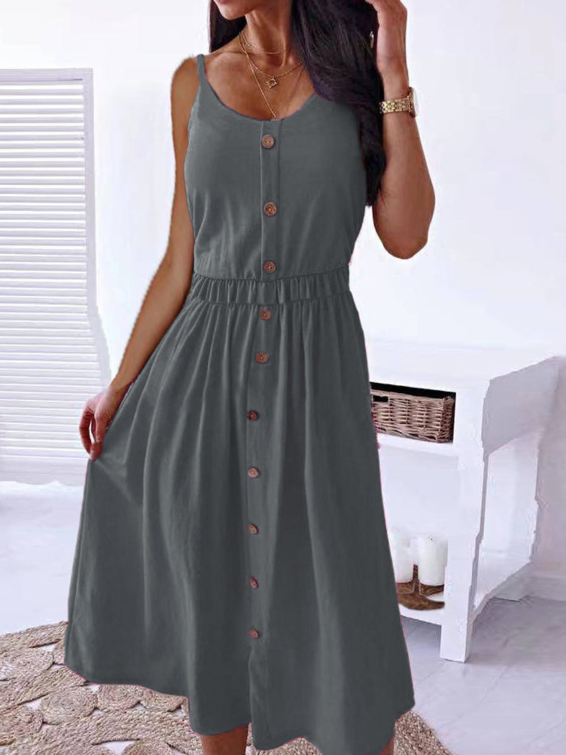 Decorative Button Spaghetti Strap Dress Trendsi