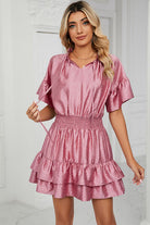 Smocked Tie Neck Flounce Sleeve Dress Trendsi