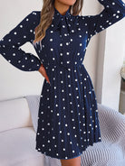 Polka Dot Tie Neck Pleated Dress Trendsi