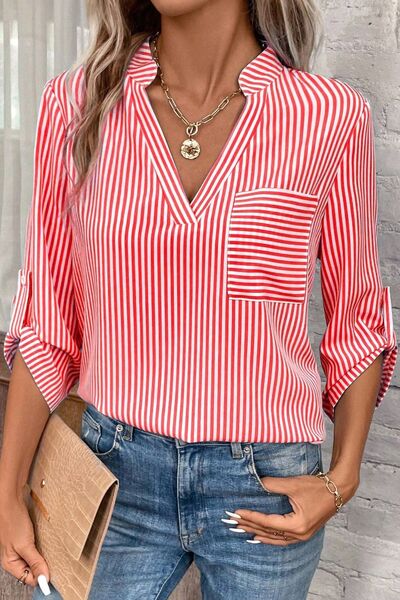 Striped Notched Roll-Tab Sleeve Shirt Trendsi