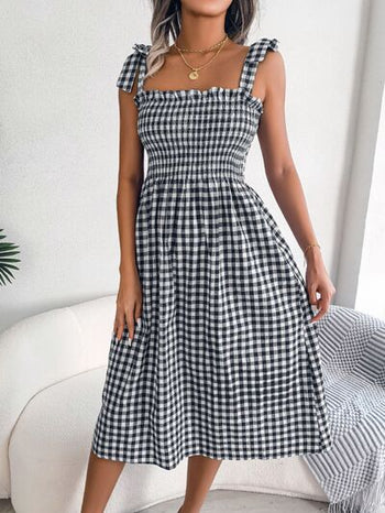 Frill Plaid Square Neck Midi Dress Trendsi