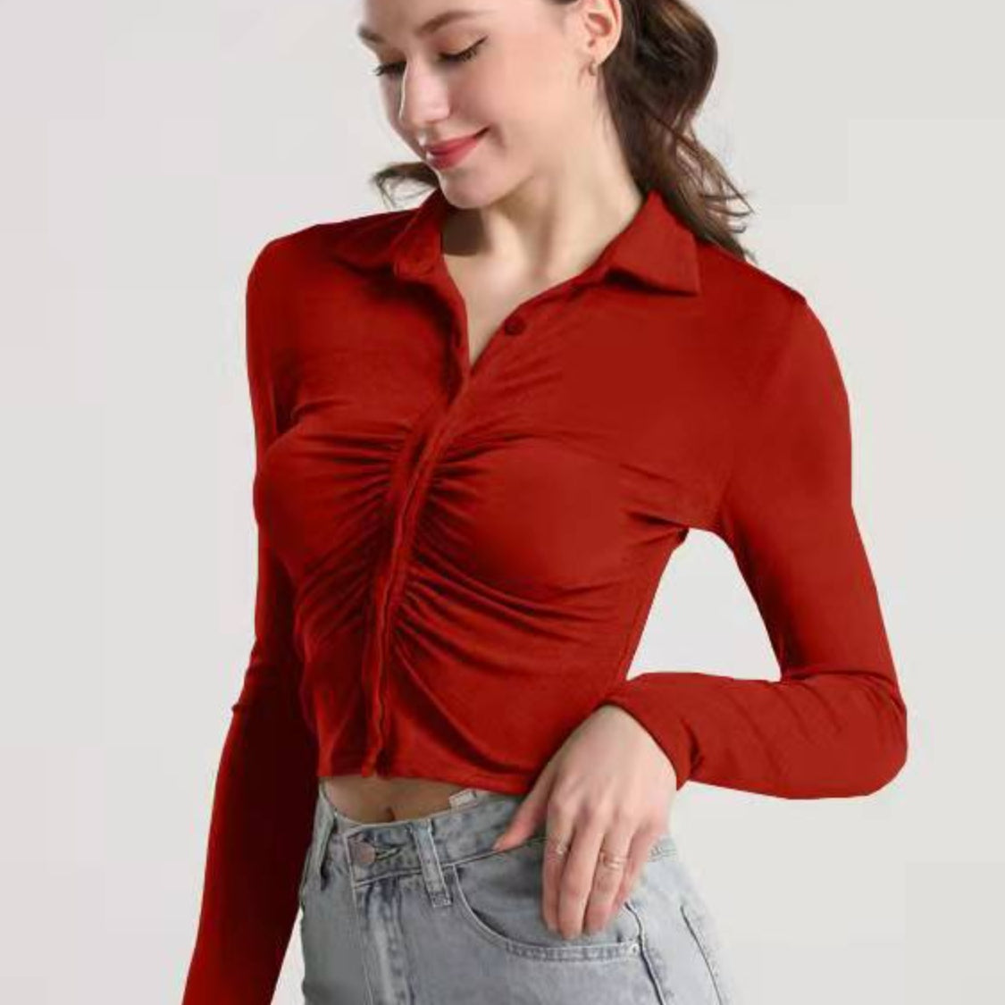 Ruched Button Up Long Sleeve T-Shirt Trendsi