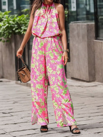 Printed Mock Neck Sleeveless Jumpsuit Trendsi