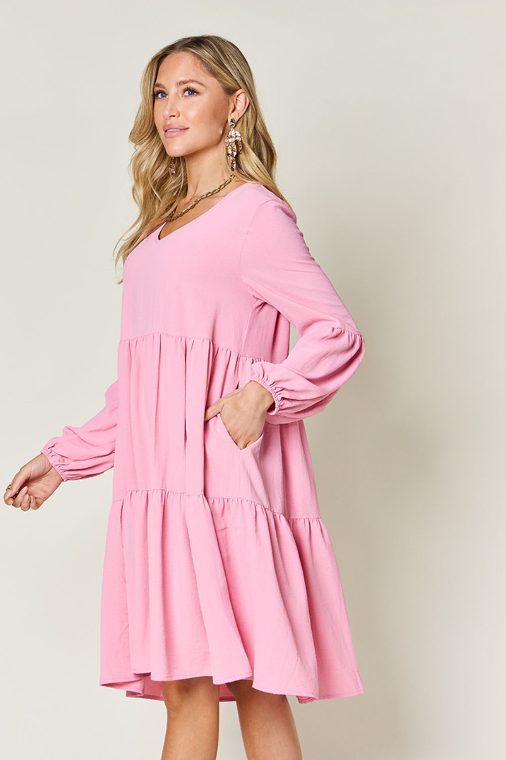 Double Take Full Size V-Neck Balloon Sleeve Tiered Dress Trendsi