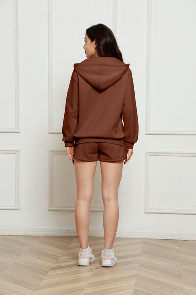 Zip Up Drawstring Hoodie and Shorts Set Trendsi