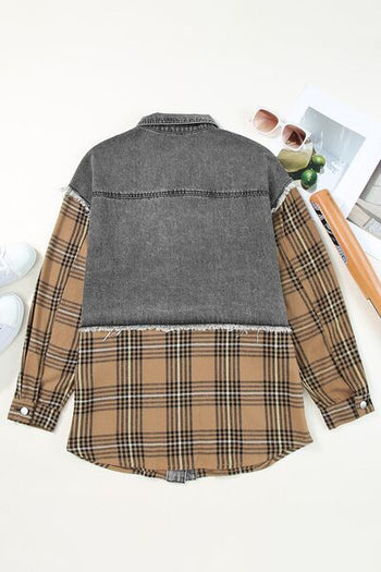 Plaid Raw Hem Button Up Denim Jacket Trendsi