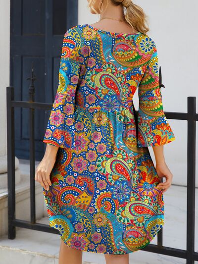 Paisley Print Round Neck Three-Quarter Sleeve Dress Trendsi