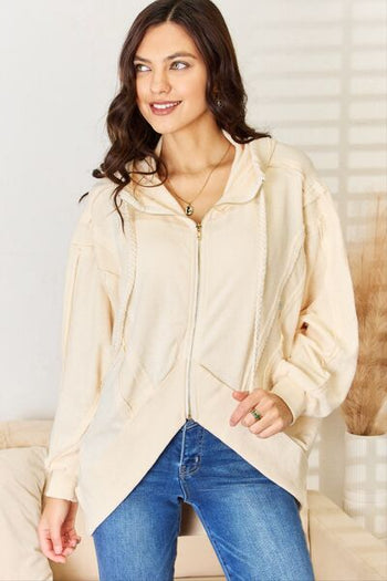 POL Zip Up High-Low Hem Hoodie Trendsi