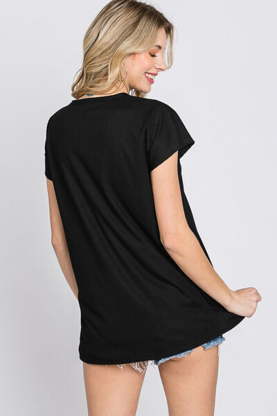 Heimish Full Size Front Button V-Neck Short Sleeve T-Shirt Trendsi