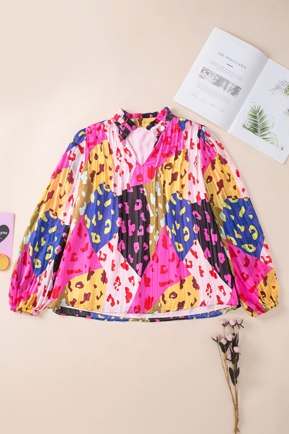 Printed Notched Long Sleeve Blouse Trendsi