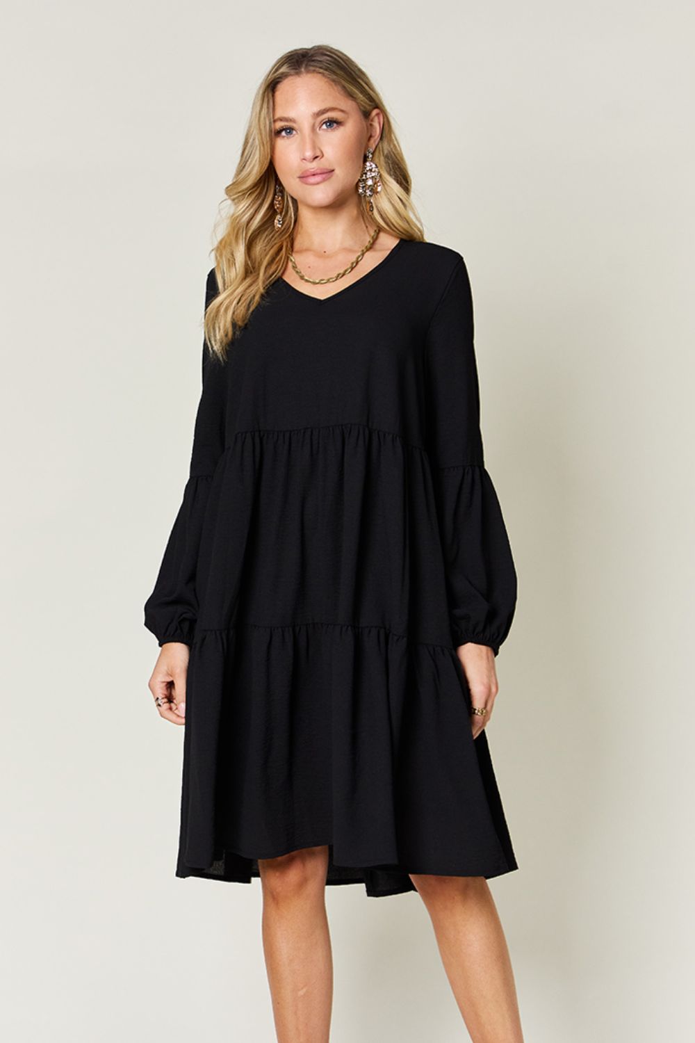 Double Take Full Size V-Neck Balloon Sleeve Tiered Dress Trendsi