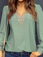 Eyelet V-Neck Long Sleeve Blouse Trendsi