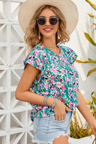 Printed Round Neck Cap Sleeve Blouse Trendsi