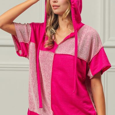 BiBi Color Block Exposed Seam Short Sleeve Hooded Top Trendsi