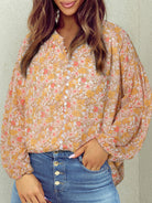 Printed Notched Balloon Sleeve Blouse Trendsi