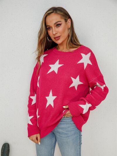 Star Round Neck Dropped Shoulder Sweater Trendsi