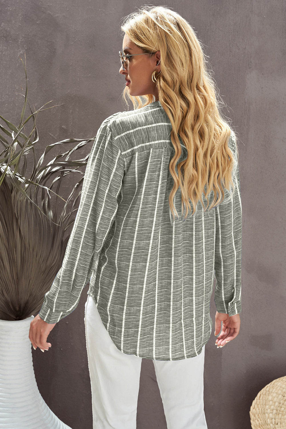 Striped Notched Long Sleeve Shirt Trendsi