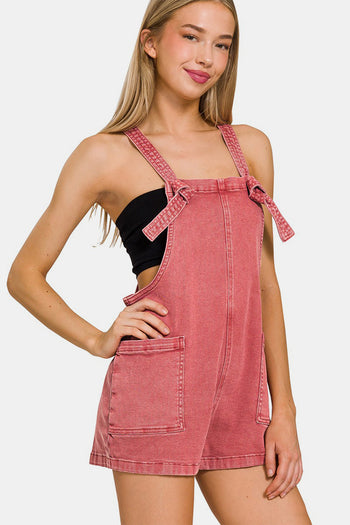 Zenana Washed Knot Strap Rompers Trendsi