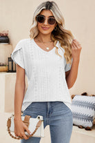 Eyelet V-Neck Petal Sleeve T-Shirt Trendsi