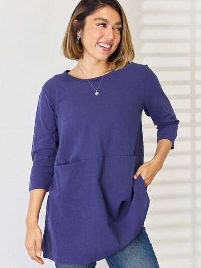 Pocketed Round Neck Half Sleeve Blouse Trendsi