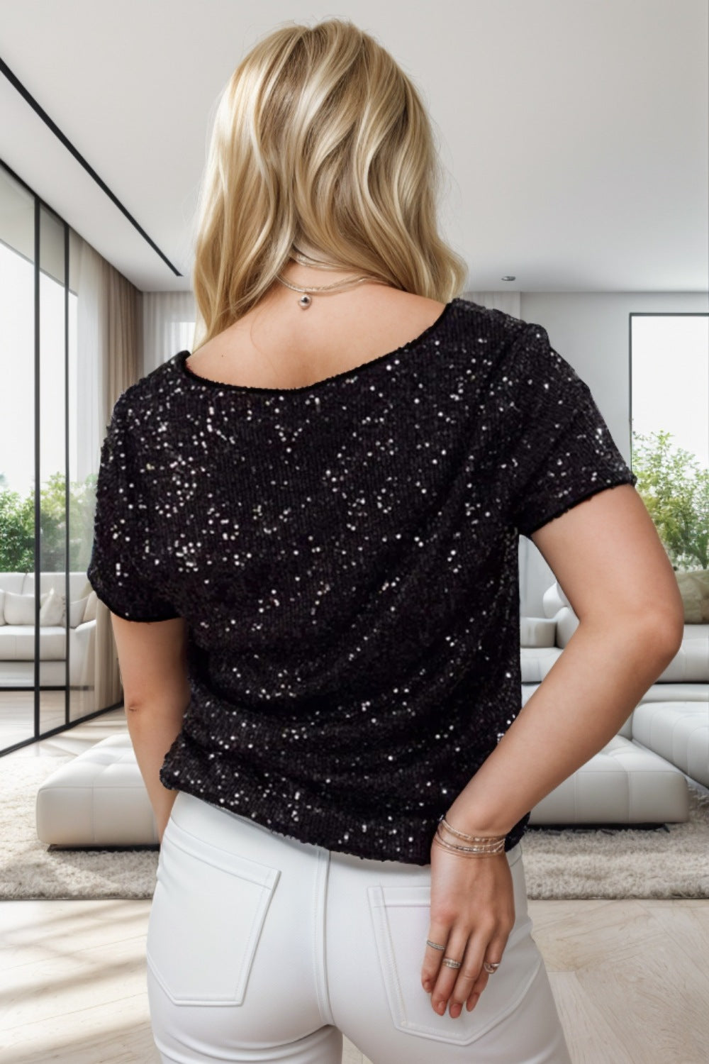 Sequin Round Neck Short Sleeve T-Shirt Trendsi