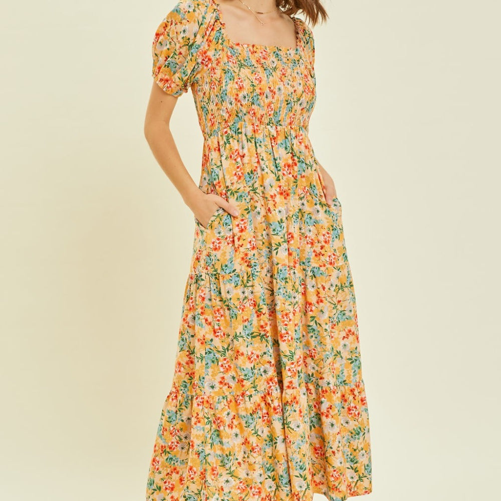 HEYSON Full Size Floral Smocked Tiered Midi Dress Trendsi