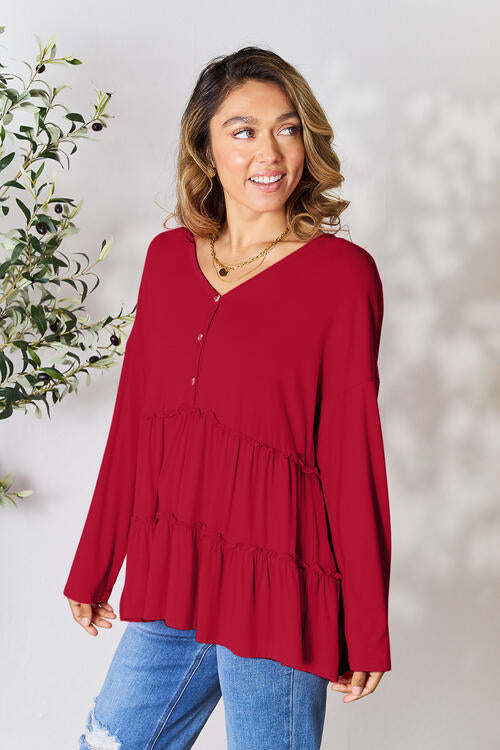 Double Take Half Button Long Sleeve Ruffle Hem Blouse Trendsi