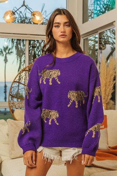 BiBi Tiger Pattern Long Sleeve Sweater Trendsi