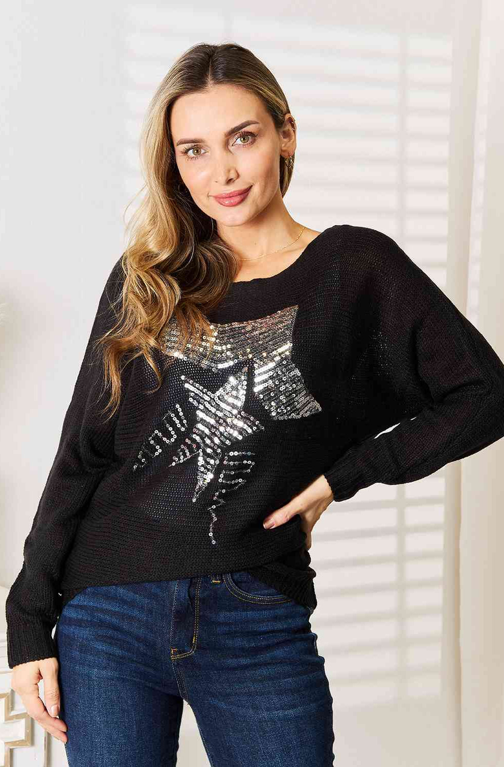 Double Take Sequin Graphic Dolman Sleeve Knit Top Double Take