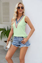 Contrast Eyelet V-Neck Tank Trendsi