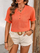 Eyelet V-Neck Short Sleeve Top Trendsi