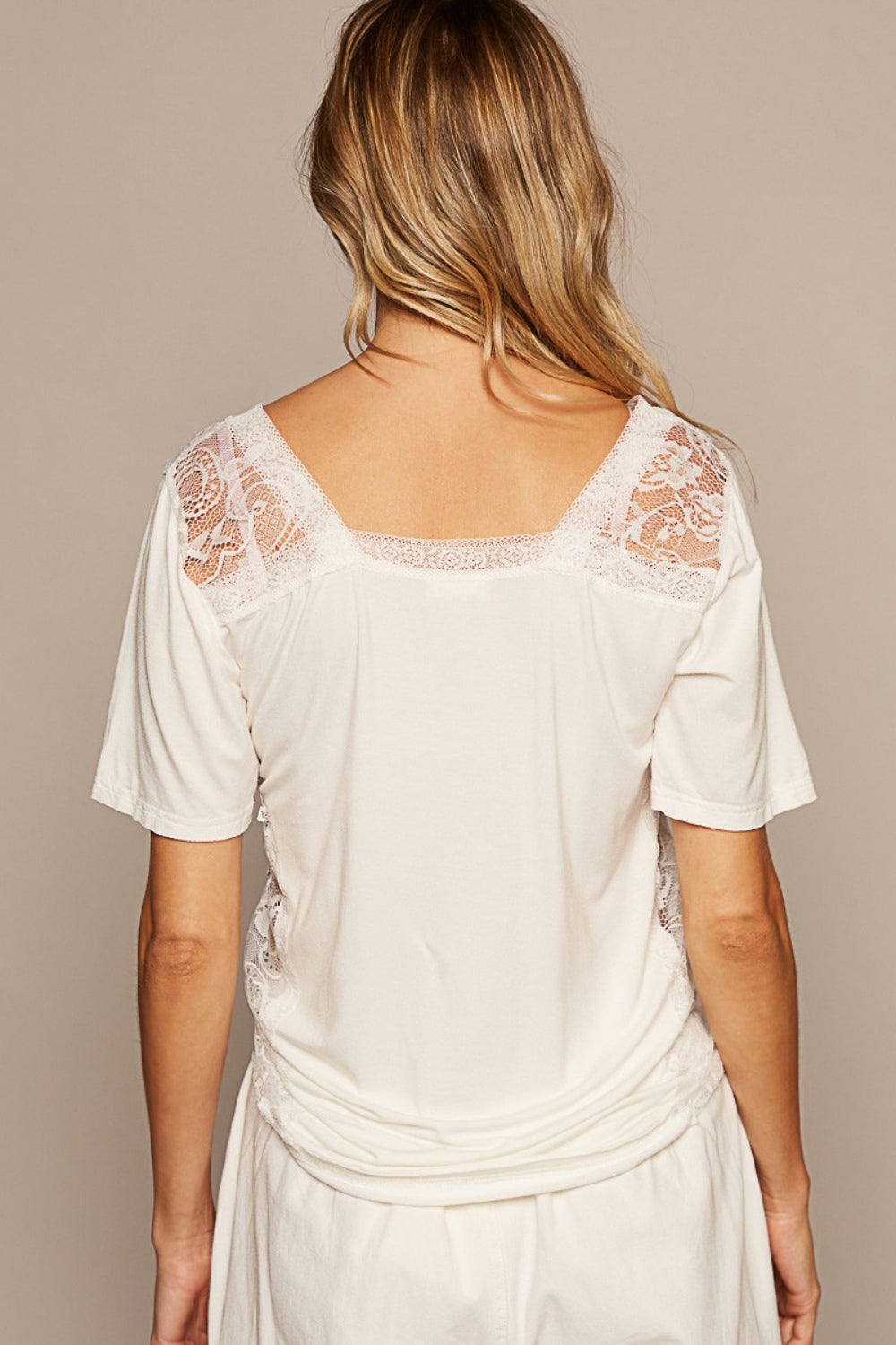 POL V-Neck Short Sleeve Lace Trim Top Trendsi