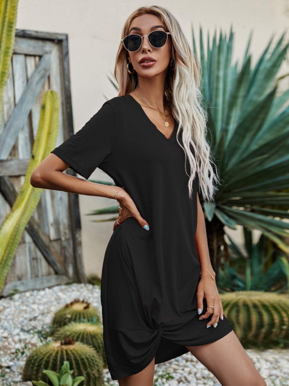 V-Neck Short Sleeve Mini Dress Trendsi