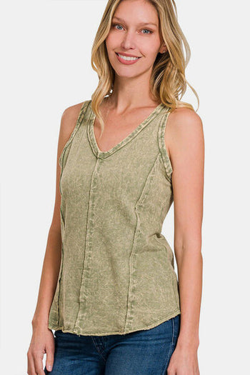 Zenana Exposed Seam V-Neck Wide Strap Tank Trendsi